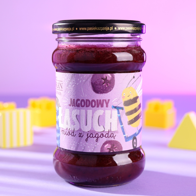 Jagodowy łasuch - miód dla dzieci z jagodą 370g - Pasieka z Pasją Hawran