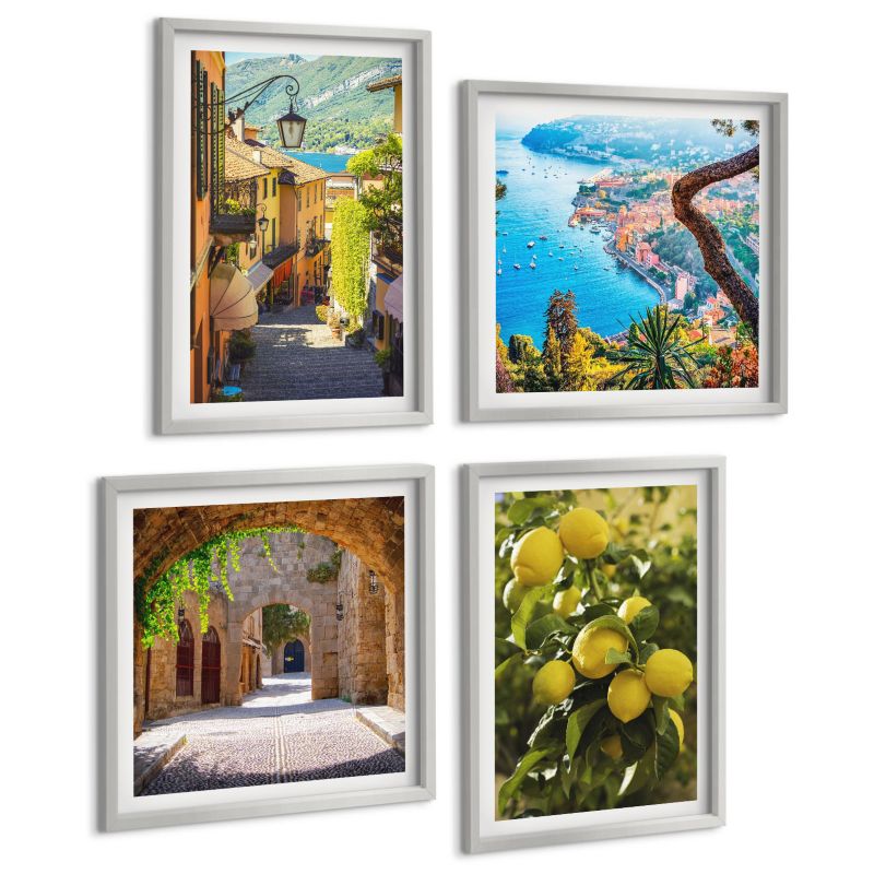 Zestaw Obrazów 4 Częściowy ArtPrintCave (2x50x50+2x40x60cm) Srebrna rama Uliczki nadmorskie morze cytryny 1 kpl.