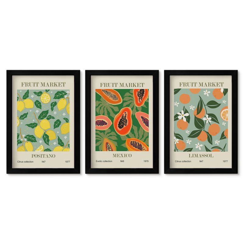 Trzy obrazy w czarnej ramie zestaw Tulup 20x30 cm Owocowe postery Obrazy nad biurko zestaw czarna rama 1 kpl