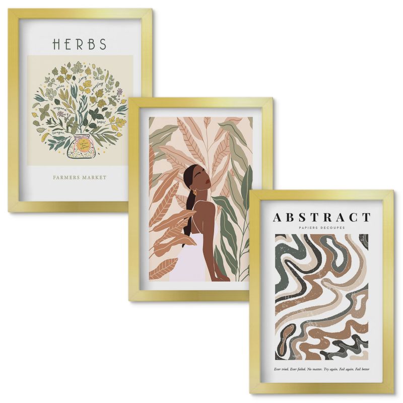 Zestaw obrazów Wallfluent Boho pastelowe postery minimalistyczne Złota rama 20x30cm 3 szt.