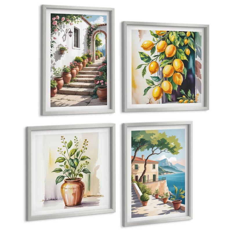 Czteroczęściowy Zestaw Obrazów ArtPrintCave (2x50x50+2x40x60cm) Srebrna rama Cytryny kwiaty nadmorskie 1 kpl.