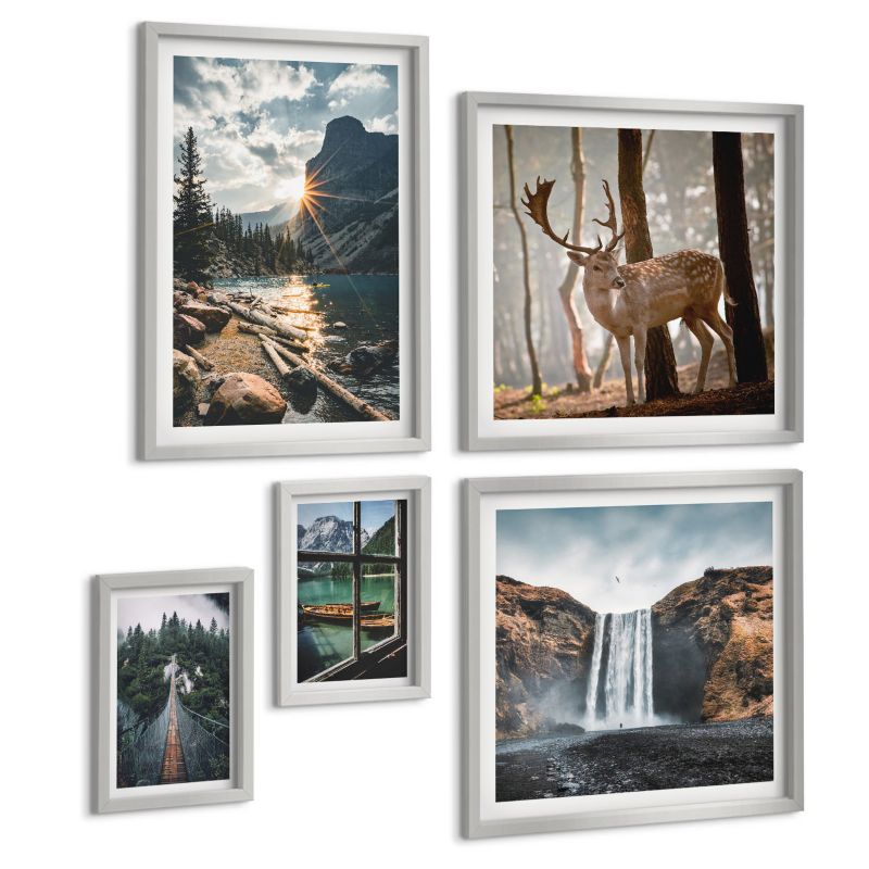 Zestaw Obrazów 5 Częściowy ArtPrintCave (2x50x50+2x20x30+40x60cm) Srebrna rama Kwiaty w wazonach kompozycje 1 kpl.