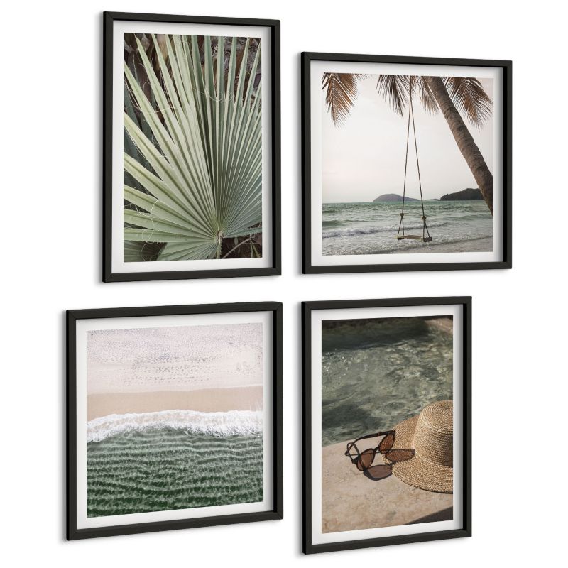 Zestaw 4 Obrazów ArtPrintCave (2x50x50+2x40x60cm) Czarna rama Plaża huśtawka liść wakacje 1 kpl.