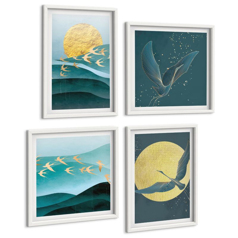 Zestaw Obrazów 4 Częściowy ArtPrintCave (2x50x50+2x40x60cm) Biała rama Stylowe pejzaże z ptakami 1 kpl.