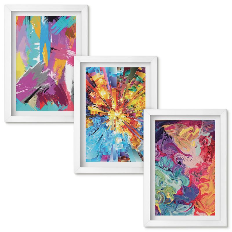 Zestaw obrazów Wallfluent Kolorowe abstrakcje farb wzory Biała rama 20x30cm 3 szt.