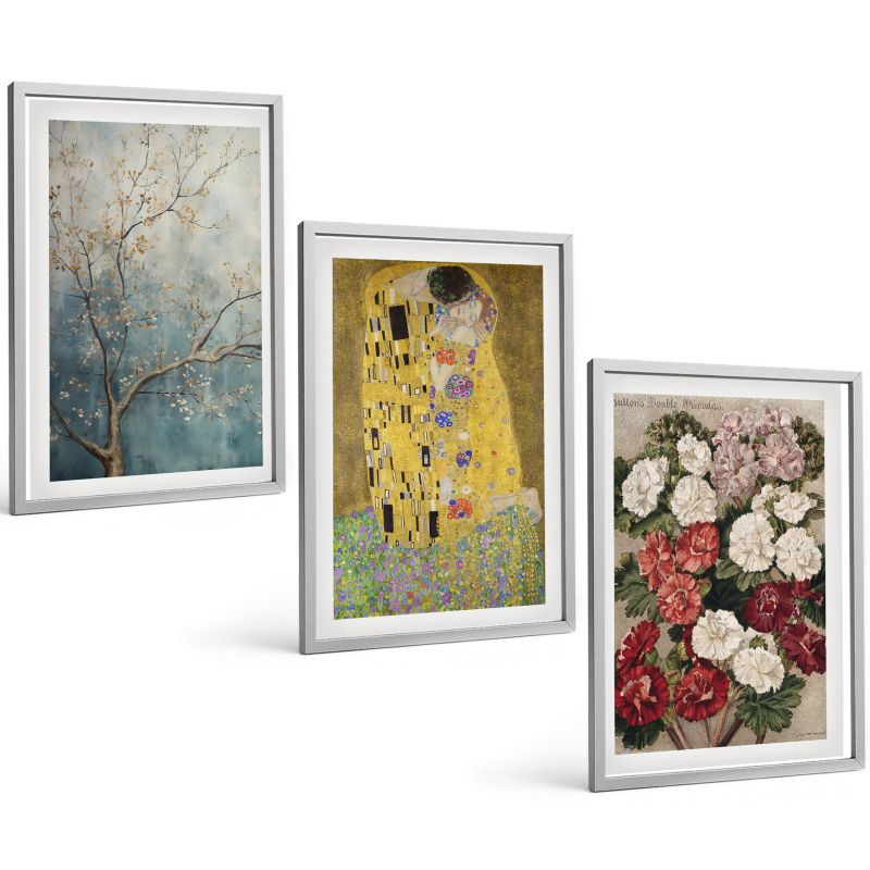 Zestaw 3 Obrazów w Srebrnej Ramie ArtPrintCave 40x60 cm Galeria Ścienna Kwiaty drzewa malarstwo Klimt 1 kpl.