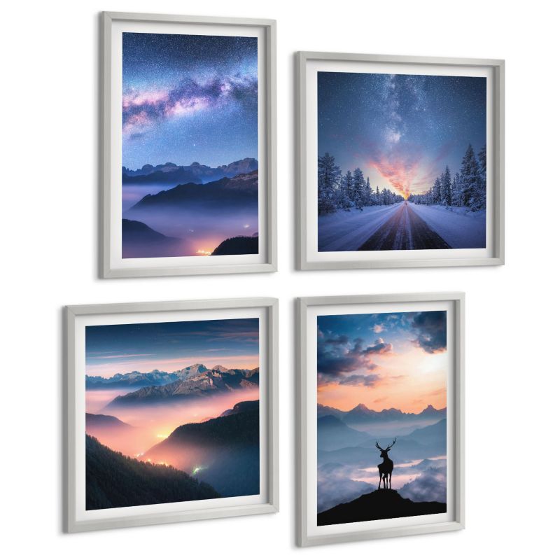 Czteroczęściowy Zestaw Obrazów ArtPrintCave (2x50x50+2x40x60cm) Srebrna rama Nocne niebo góry mgła jeleń 1 kpl.
