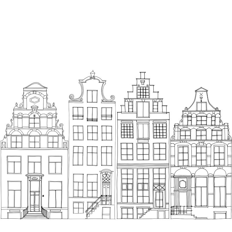 fototapeta ESTAhome narysowane domy nad kanałem w Amsterdamie czarnymIbiałym 300 x 279 cm - 1 rol.
