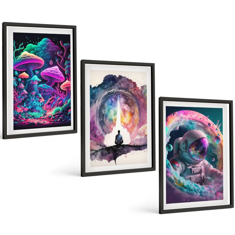 Zestaw 3 Obrazów w Czarnej Ramie ArtPrintCave 40x60 cm Galeria Ścienna Kolorowe ilustracje fantasy sztuka 1 kpl.
