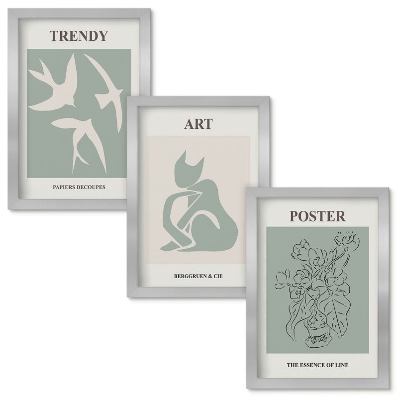 Obraz Ścienny Zestaw Wallfluent Stylowe ilustracje Matisse Srebrna rama 20x30cm 3 szt.
