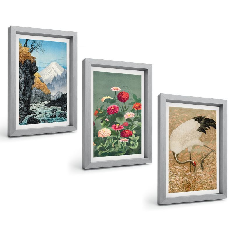 Zestaw 3 Obrazów w Srebrnej Ramie ArtPrintCave 20x30 cm Galeria Ścienna Góry krajobraz rzeka kwiaty żurawie 1 kpl.
