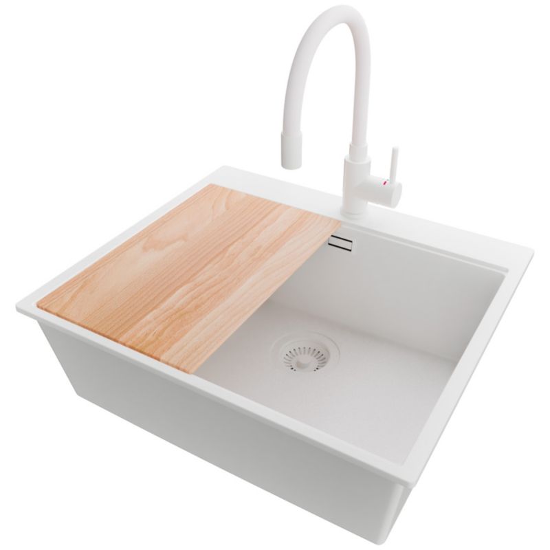 Zlewozmywak Granitowy Oslo Top PRIMAGRAN Nablatowy 58x50cm do Szafki od 60cm, Cały Biały + Bateria + Syfon + Deska, S432, 1 szt.