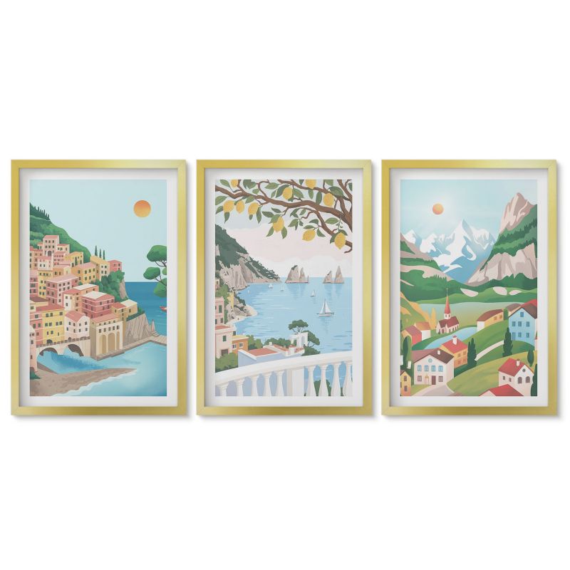 Zestaw 3 obrazów w złotych ramach Tulup 40x60 cm Widoki nadmorskie pastelowe Galeria ścienna 1 kpl