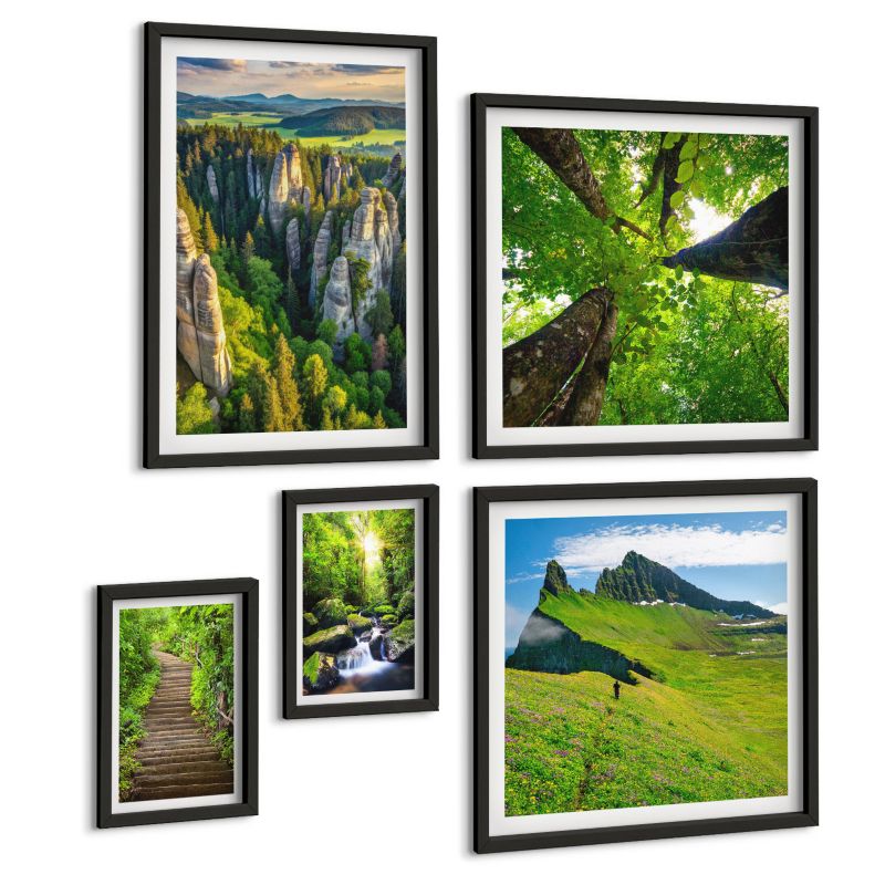 Galeria 5 Obrazów ArtPrintCave (2x50x50+2x20x30+40x60cm) Czarna rama Zielone góry wodospad las 1 kpl.