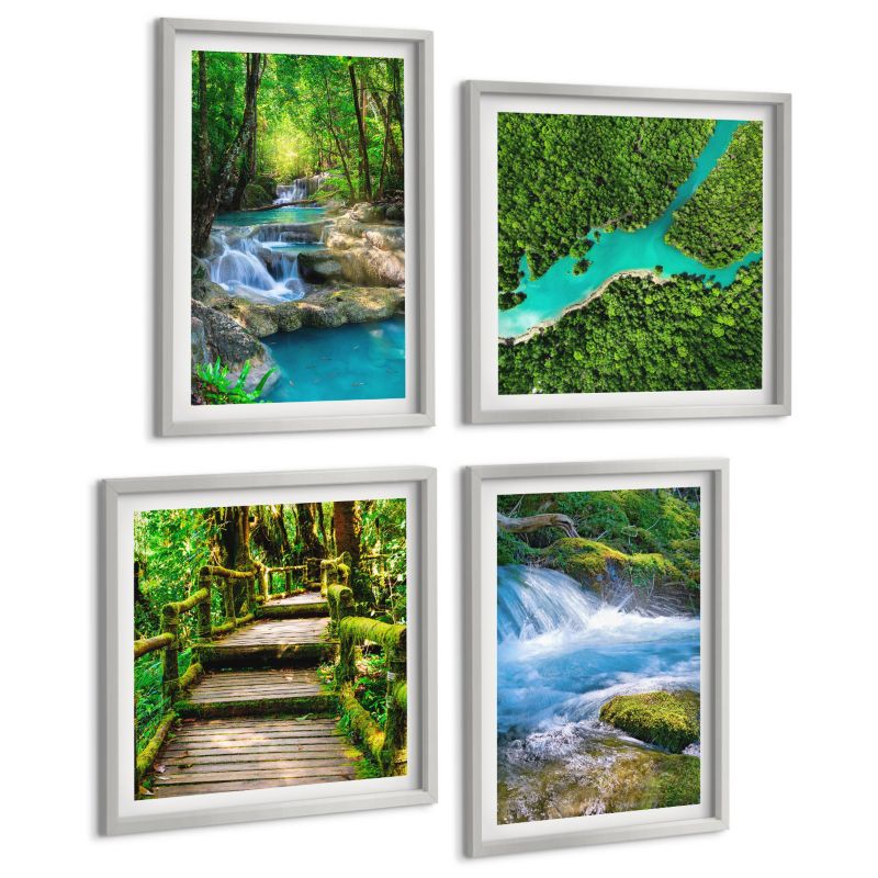 Komplet 4 Obrazów ArtPrintCave (2x50x50+2x40x60cm) Srebrna rama Zielone lasy krystaliczne wody 1 kpl.