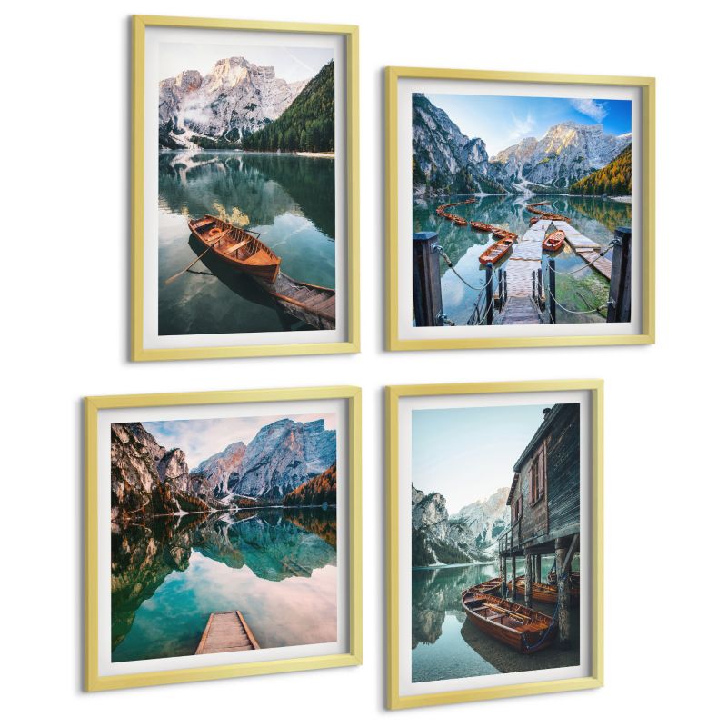 Komplet 4 Obrazów ArtPrintCave (2x50x50+2x40x60cm) Złota rama Jezioro góry łodzie chata 1 kpl.