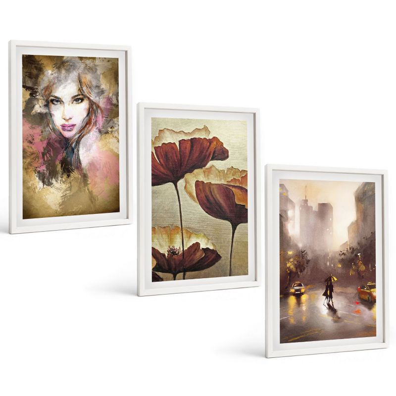 Komplet 3 Obrazów w Białej Ramie ArtPrintCave 40x60 cm Grafika Ścienna Abstrakcyjny portret kobiety kwiaty deszcz 1 kpl.