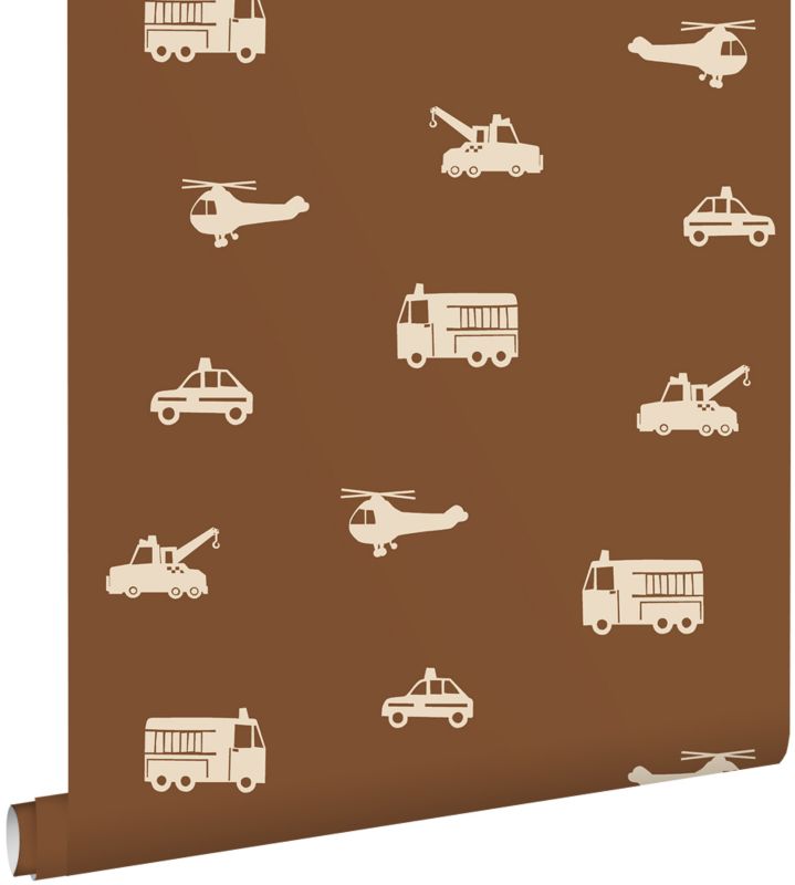 Tapeta ESTAhome samochody, wozy strażackie, helikoptery i dźwigi brązowym 50 x 900 cm - 1 rol.