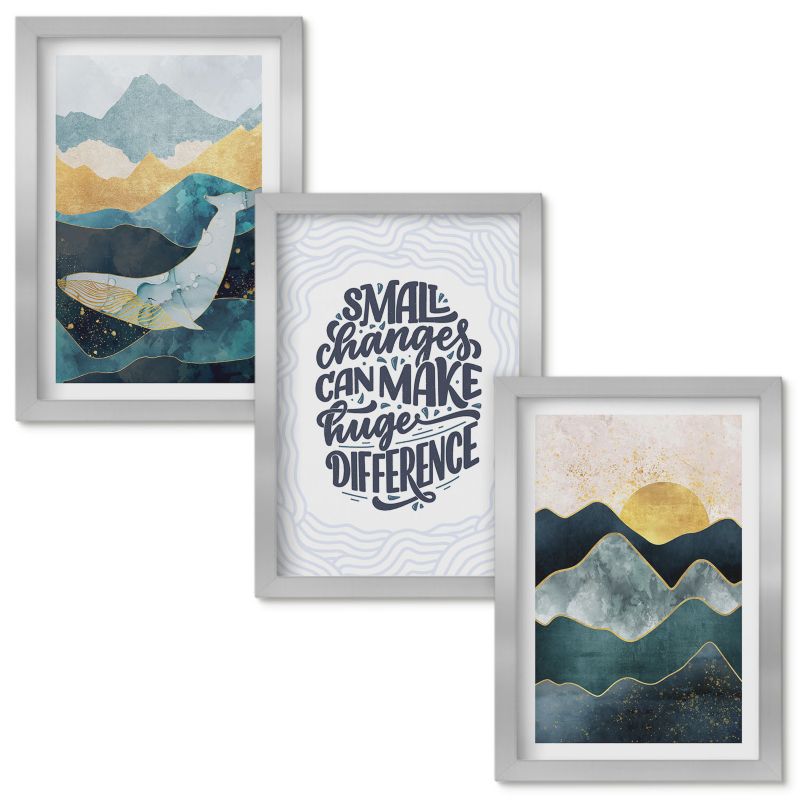 Tryptyk w Ramie Wallfluent Abstrakcyjne góry inspiracja Srebrna rama 20x30cm 3 szt.