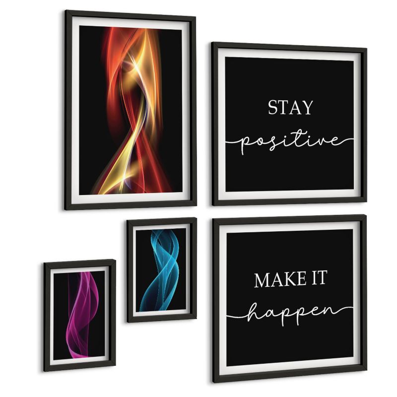 Zestaw 5 Obrazów ArtPrintCave (2x50x50+2x20x30+40x60cm) Czarna rama Kwiaty marmur biel czerń 1 kpl.
