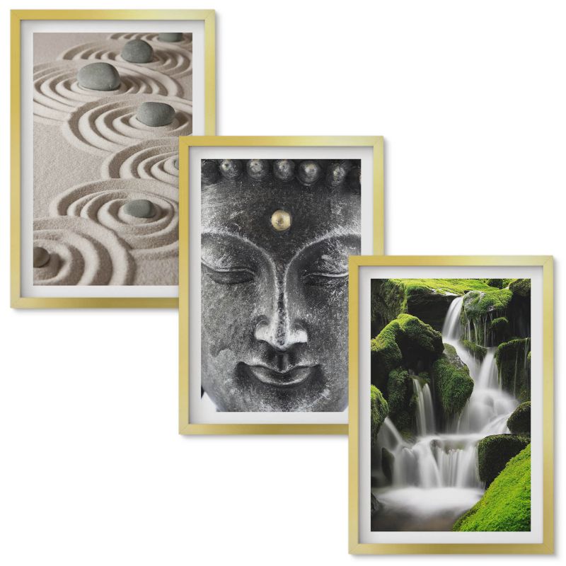 Tryptyk w Ramie Wallfluent Spokój kamieni wodospad Buda Zen Złota rama 40x60 cm 3 szt.