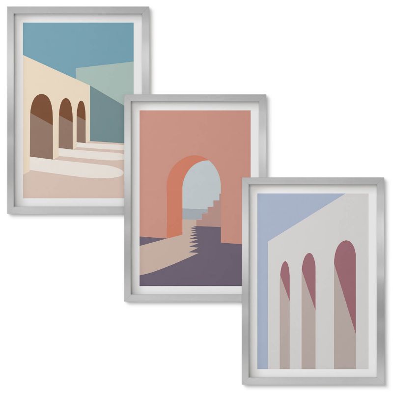 Set Obrazów w Ramie Wallfluent Pastelowe grafiki architektury Srebrna rama 40x60 cm 3 szt.