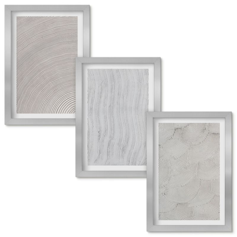 Tryptyk w Ramie Wallfluent Wzory piasku struktury geometryczne Srebrna rama 20x30cm 3 szt.