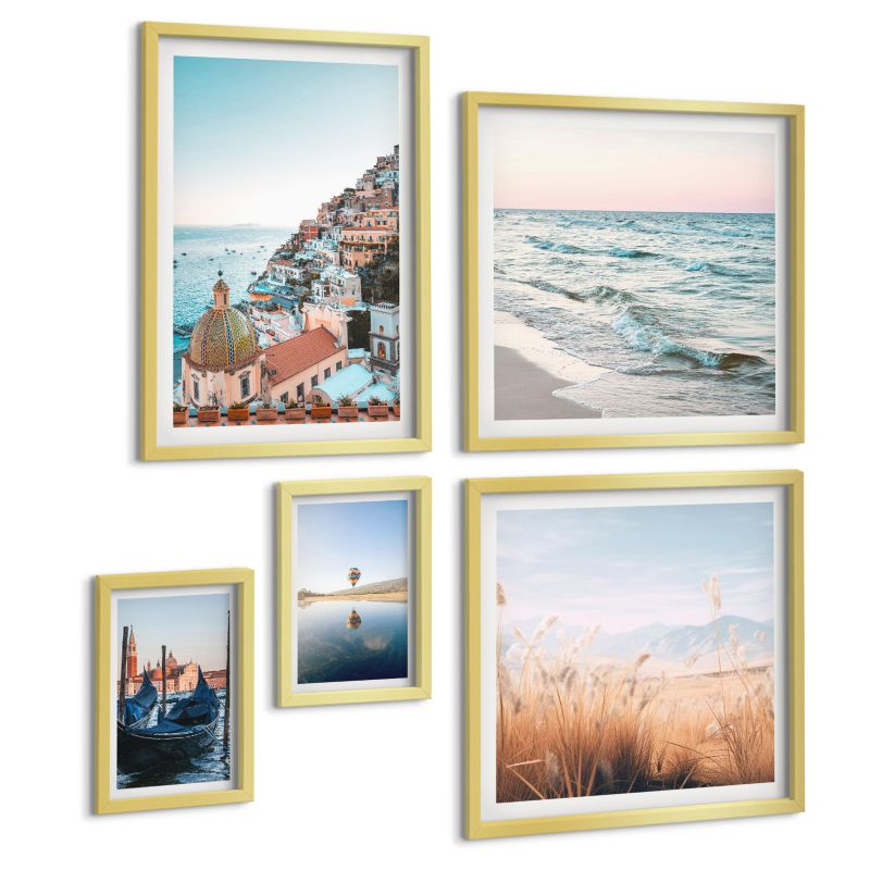 Zestaw 5 Obrazów ArtPrintCave (2x50x50+2x20x30+40x60cm) Złota rama Ptaki w locie niebo księżyc 1 kpl.