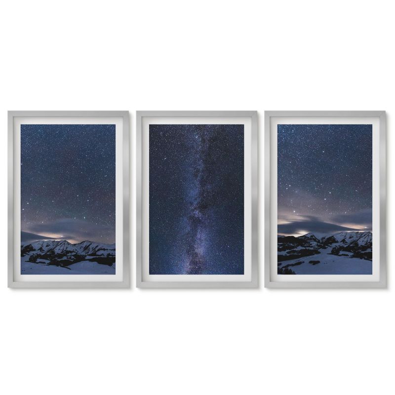 Zestaw 3 obrazów w srebrnej ramie Tulup 40x60 cm Nocne niebo góry gwiazdy Obrazy w srebrnej ramie 1 kpl