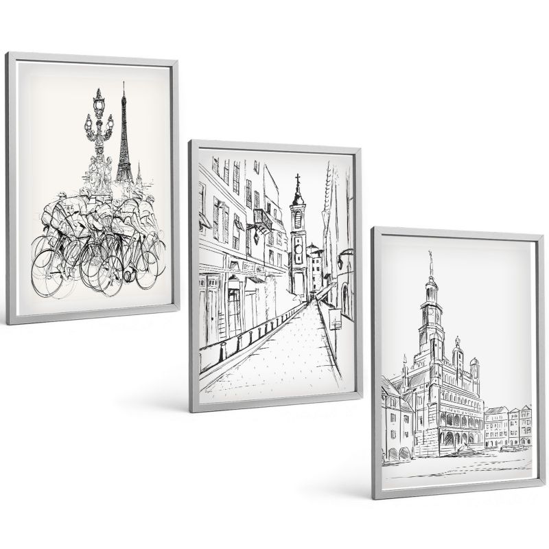 Zestaw Obrazów 3 Częściowy ArtPrintCave Srebrne Ramki 40x60 cm Dekoracja do Sypialni Proste rysunki miejskie 1 kpl.