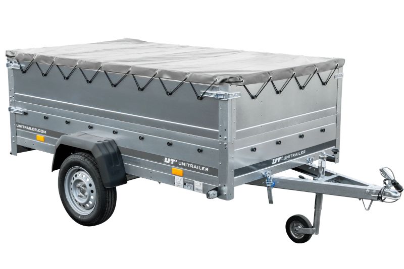Przyczepka samochodowa Unitrailer na resorach 230x125 GARDEN 230/R KIPP z burtami BIS, stelażem H-0 i pokrowcem szarym 1 szt.