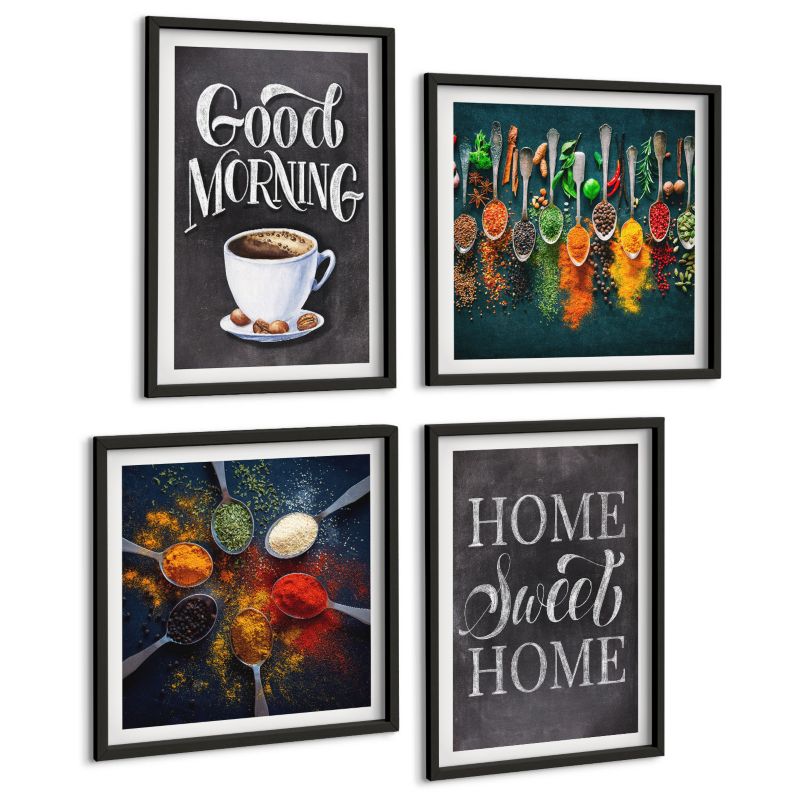 Galeria 4 Obrazów ArtPrintCave (2x50x50+2x40x60cm) Czarna rama Przyprawy kawa filiżanka zioła 1 kpl.