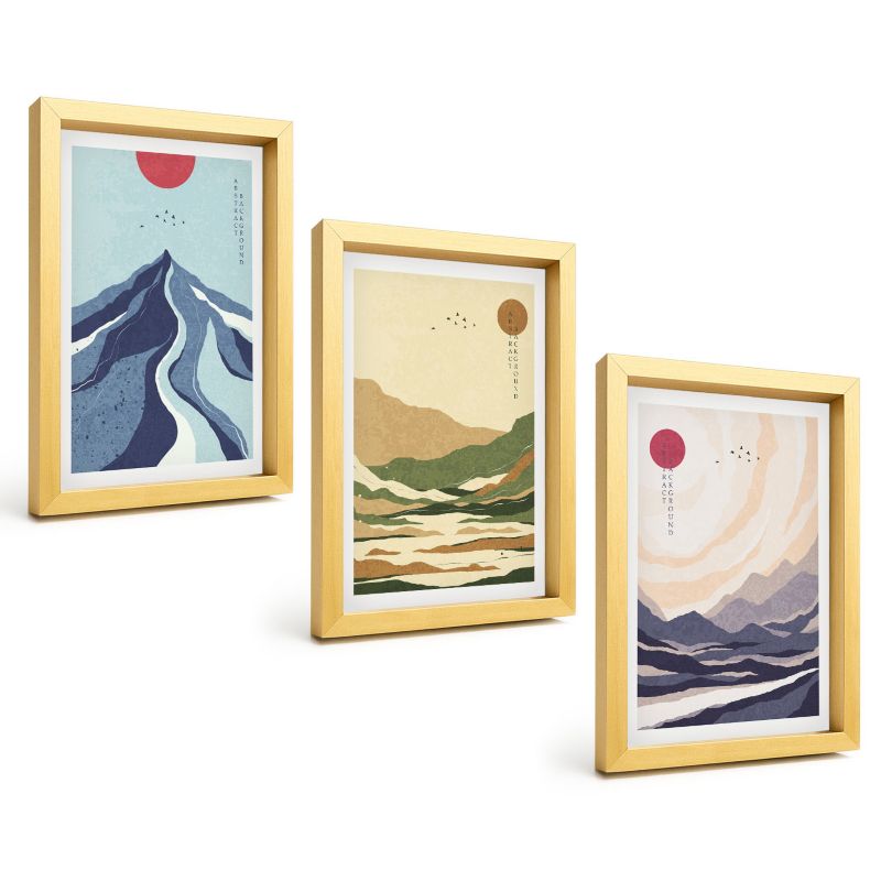 Komplet 3 Obrazów w Złotej Ramie ArtPrintCave 20x30 cm Grafika Ścienna Góry pastelowe styl japandi 1 kpl.