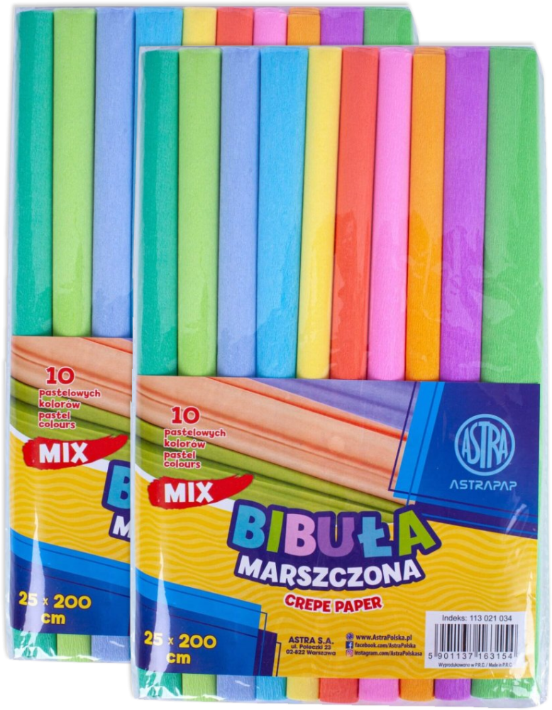 2x Bibuła marszczona Astra Astrapap, 200x25cm, 10 sztuk, mix kolorów pastelowych