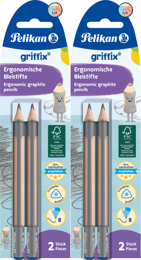 2x Ołówek Pelikan Griffix, B, dla prawo- i leworęcznych, 2 sztuki, blister, szary