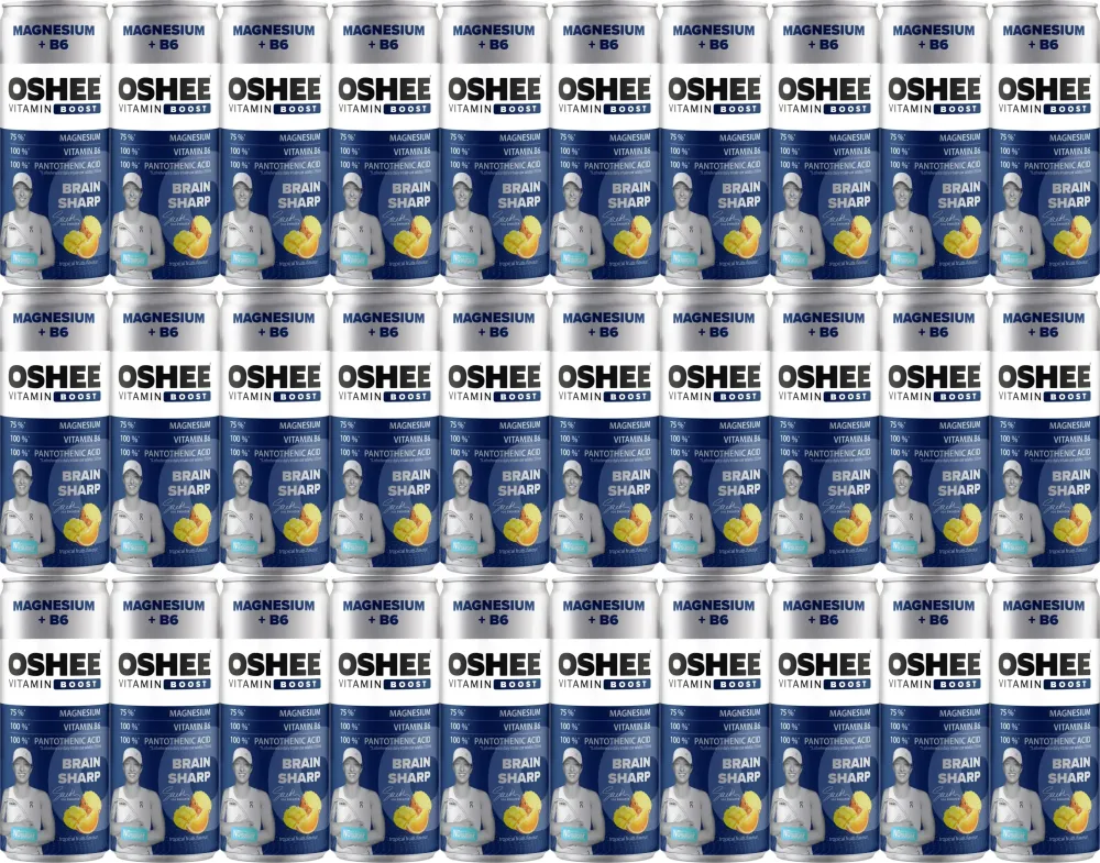 48x Napój gazowany Oshee Vitamin Boost, Magnez + witamina B6, owoce tropikalne, puszka, 250ml, KAUCJA