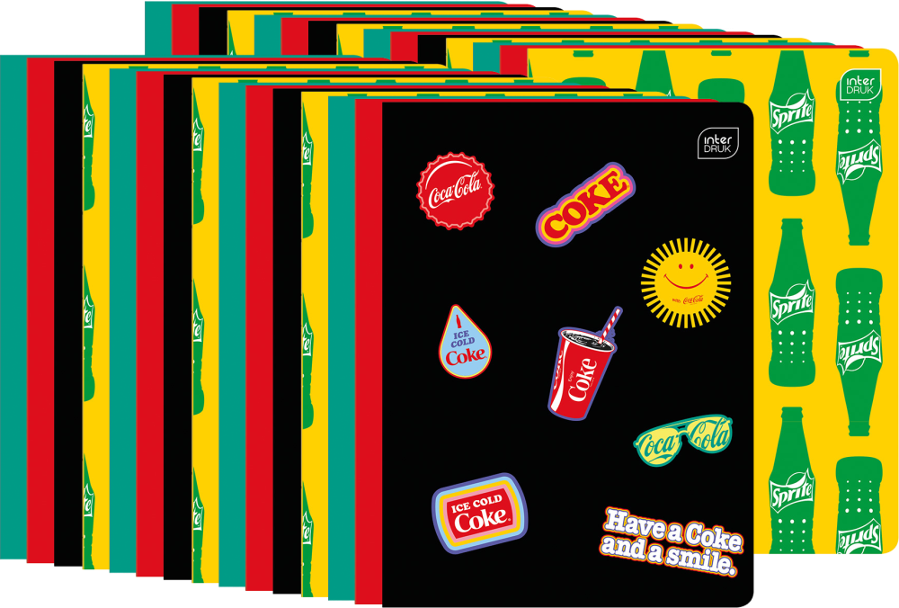 30x Zeszyt A5 Interdruk Coca Cola, w wąskie kolorowe linie, 32 kartki, mix wzorów