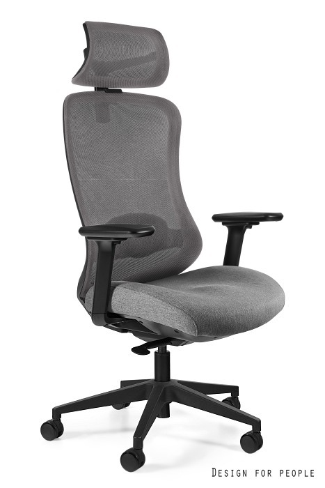 Fotel biurowy Unique ADAPTA, ergonomiczny, obrotowy, regulowane podłokietniki, siatka/tkanina, szary