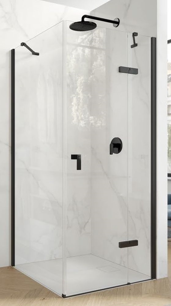 Hüppe Aura pure 4-kąt drzwi prysznicowe 90 cm prawe czarny mat/szkło przezroczyste Anti-Plaque AP0113.123.322