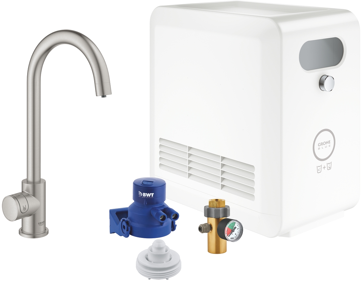 Darmowa Dostawa - Zestaw startowy z baterią kuchenną stojąca supersteel Grohe Blue 31302DC2