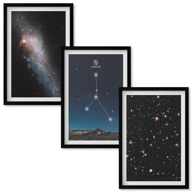 Zestaw obrazów Wallfluent Kosmos galaktyka konstelacja Raka Czarna rama 40x60 cm 3 szt.