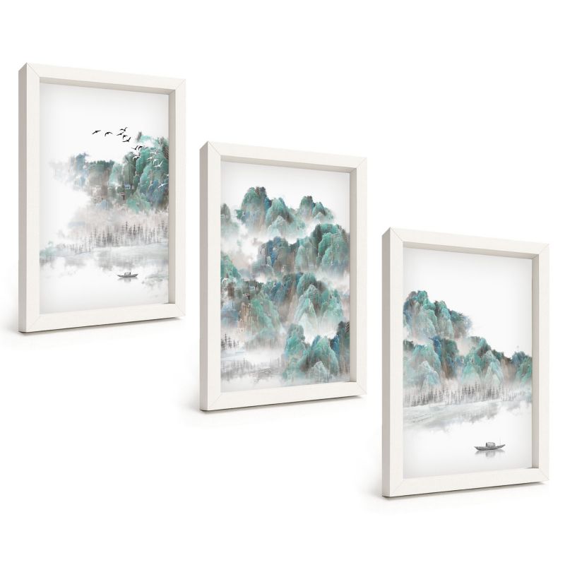 Zestaw 3 Obrazów w Białej Ramie ArtPrintCave 20x30 cm Galeria Ścienna Góry chmury ptaki łódź japandi 1 kpl.