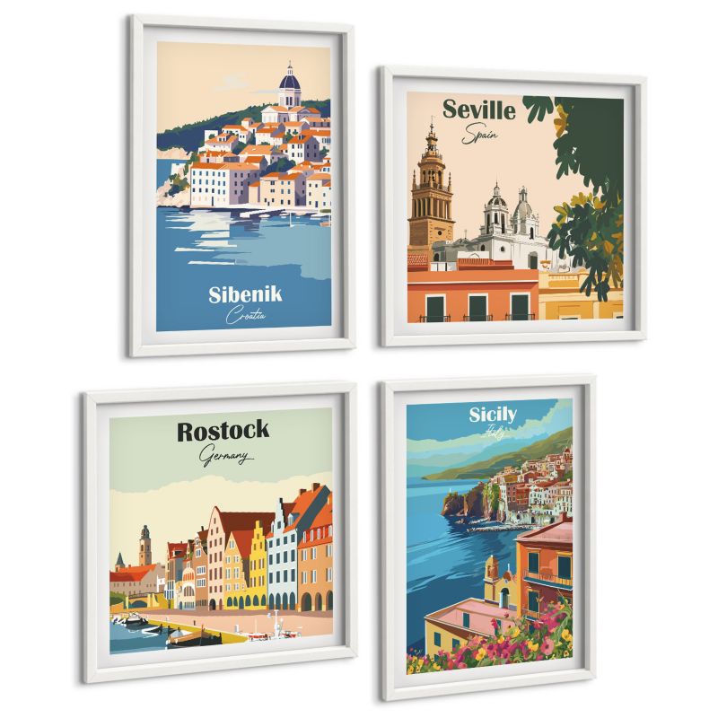 Zestaw 4 Obrazów ArtPrintCave (2x50x50+2x40x60cm) Biała rama Krajobrazy europejskich miast 1 kpl.