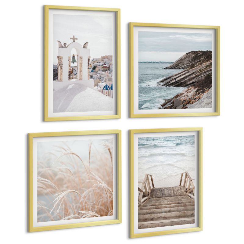Galeria 4 Obrazów ArtPrintCave (2x50x50+2x40x60cm) Złota rama Morze architektura Santorini 1 kpl.