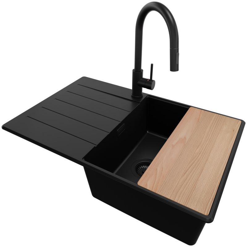 Zlewozmywak Granitowy Kopenhaga Top PRIMAGRAN Nablatowy 78x50cm, Cały Czarny + Bateria + Syfon + Akcesorium, S546, 1 szt.