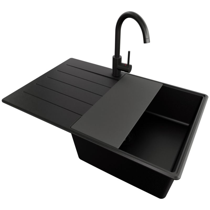 Zlewozmywak Granitowy Kopenhaga Top PRIMAGRAN Nablatowy 78x50cm, Cały Czarny + Bateria + Syfon + Akcesorium, S562, 1 szt.