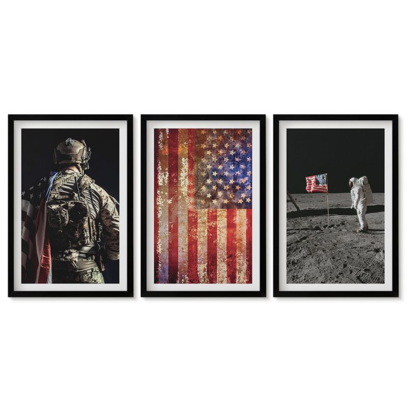 Trzy obrazy w czarnej ramie zestaw Tulup 40x60 cm Amerykańskie symbole flaga USA Obrazy do kuchni w ramie 1 kpl