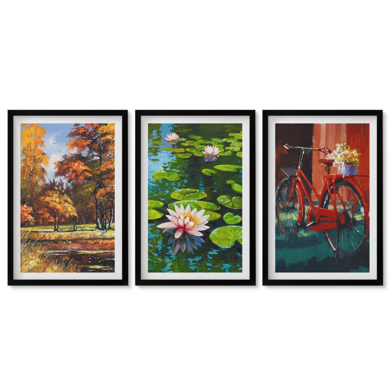 Trzy obrazy w czarnej ramie zestaw Tulup 40x60 cm Kolory jesieni lilia taras Obrazy w czarnej ramie 1 kpl