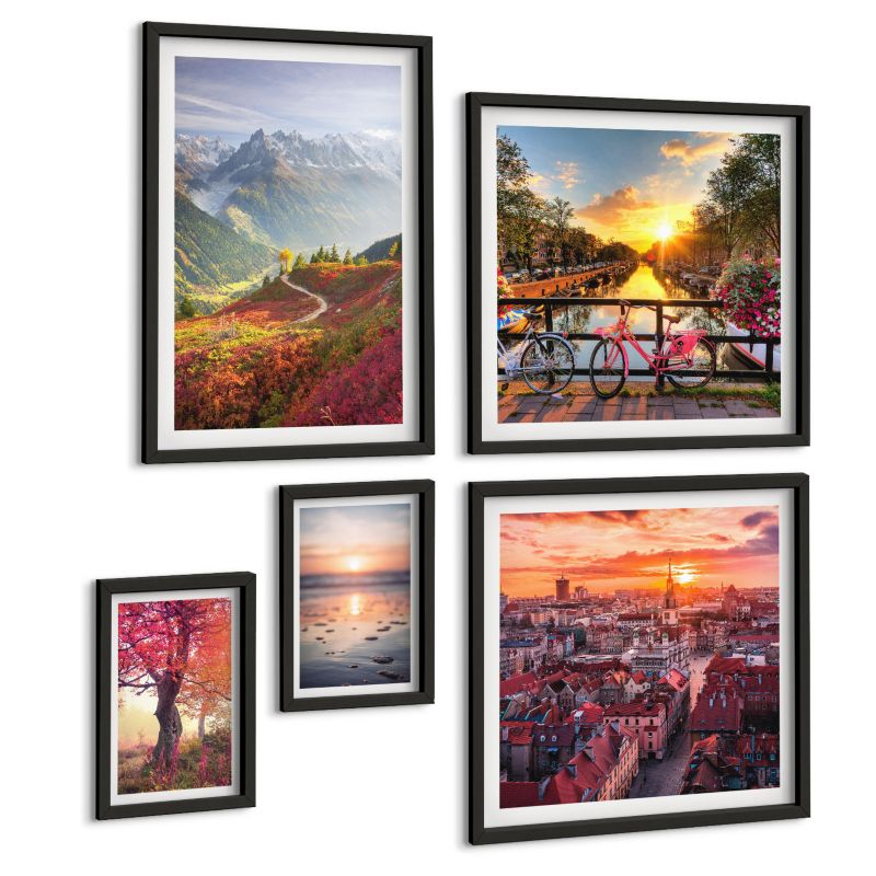 Zestaw Obrazów 5 Częściowy ArtPrintCave (2x50x50+2x20x30+40x60cm) Czarna rama Proste rysunki miast widoki 1 kpl.