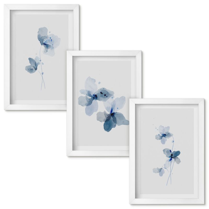 Zestaw obrazów Wallfluent Niebieski kwiaty Biała rama 20x30cm 3 szt.